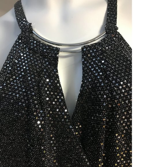 Le Chateau Black Silver Metallic Payette Maxi Gala Dress Gown  Wedding Slit NWT - Picture 2 of 9